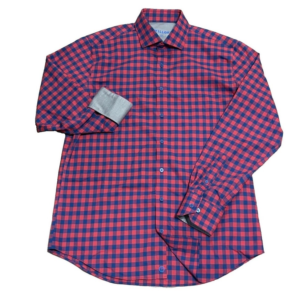 Twillory Mens 16.5 34/35 Leader Performance Non Iron Gingham Red Blue Button Up